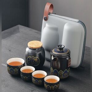Chinese Year Of The Snake Elegant Black and Gold Glass Tea Set Travel Case Cups